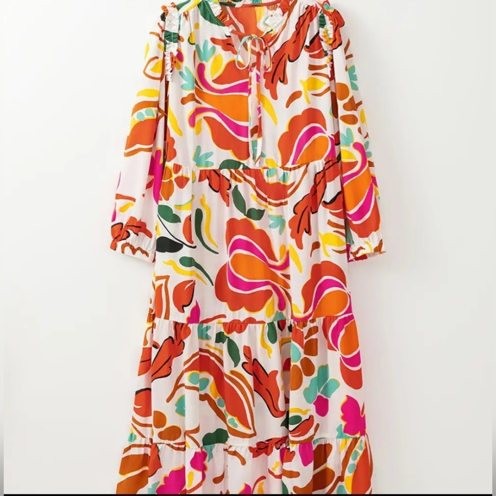 Lovesoft Orange Floral Print Split Vneck Tiered Maxi Dress - Picture 5 of 7